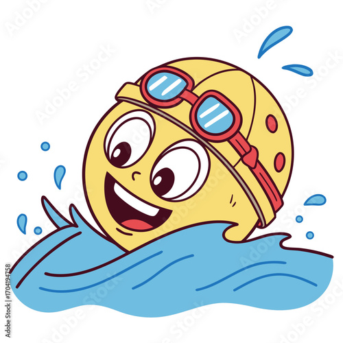 A cheerful cartoonish yellow smiley face character wearing a swim cap and goggles joyfully swimming through blue water with splashes and droplets