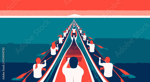 Graphic illustration of a rowing team in a long boat, working in unison and moving forward towards a common goal on the horizon.