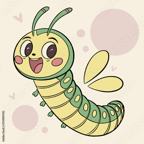 A cheerful happy smiling cartoon caterpillar with big eyes and blush marks featuring green and yellow segments antennae and small wings set against a pastel background with soft circles and hearts
