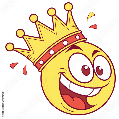 A cheerful excited yellow emoji character wearing a golden crown with red accents and a wide joyful smile conveying a sense of triumph and happiness