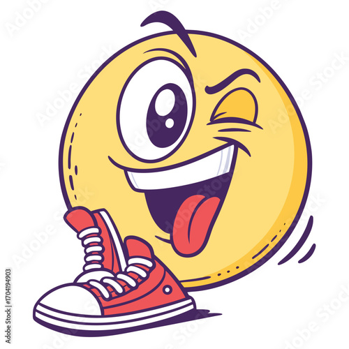 A cheerful winking yellow emoji character with a wide smile and tongue sticking out playfully tapping its foot wearing a red sneaker conveying joy and excitement