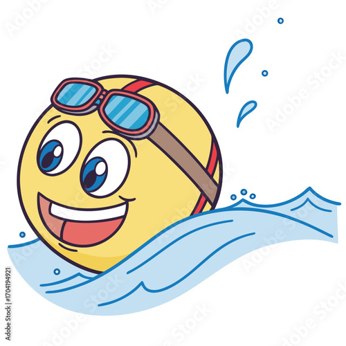 A cheerful yellow cartoon ball character wearing swimming goggles and a swim cap is happily swimming in blue water with splashes and bubbles around it