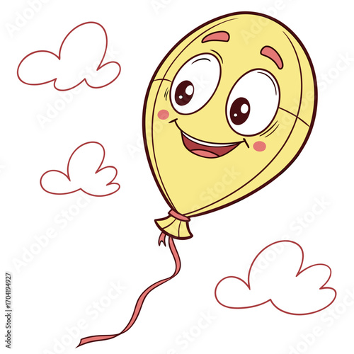 A cheerful yellow cartoon balloon with a happy face and rosy cheeks floats joyfully among simple red outlined clouds against a clean white background
