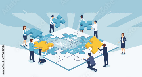 Diverse business team collaborating to assemble a giant jigsaw puzzle, symbolizing teamwork, strategy, and problem-solving.