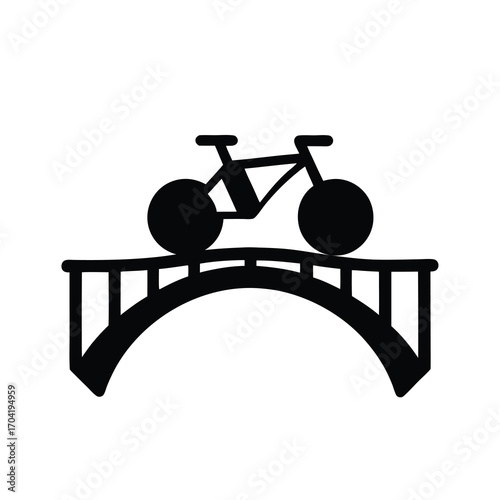 Black silhouette of a bicycle riding across a bridge with arc