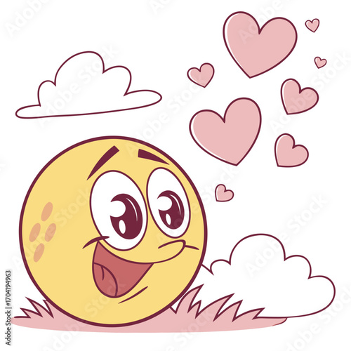 A cheerful yellow cartoon character with a big smile and wide eyes surrounded by floating pink hearts and fluffy white clouds conveying a feeling of love and happiness