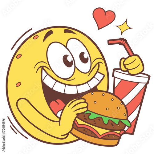 A cheerful yellow cartoon character with a big smile holding a delicious hamburger and a refreshing drink symbolizing enjoyment and satisfaction with fast food