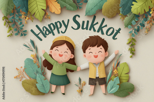 Kids excitedly creating colorful paper decorations for Sukkot celebration while surrounded by natural greenery and festive atmosphere in their backyard
