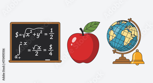 A collection of educational icons: a chalkboard with mathematical formulas, a red apple, and a globe with a school bell.