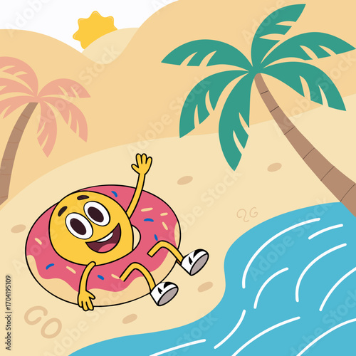 A cheerful yellow emoji character with a smiling face floats happily on a pink frosted donut shaped inner tube at a sunny beach with palm trees and gentle waves