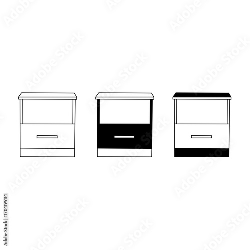 Simple, clean line drawings of two nightstands, one in white and one in black, showing front views.