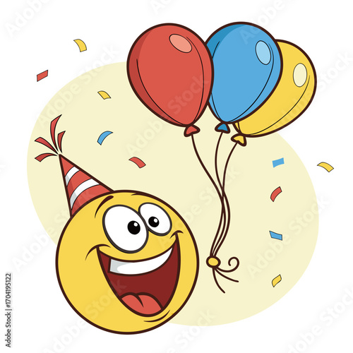 A cheerful yellow smiley face wearing a festive red and white striped party hat joyfully holding a bunch of red blue and yellow balloons while colorful confetti falls around it