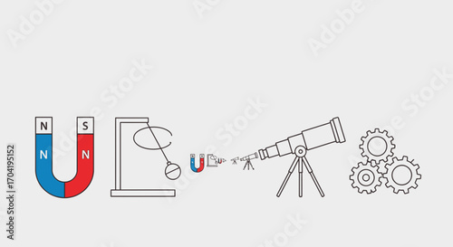 A minimalist illustration of scientific concepts including magnetism, a pendulum, optics with a telescope, and mechanics with gears.