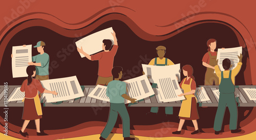 Vector illustration of a diverse team of workers on a newspaper printing press production line, collaborating to create newspapers.