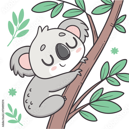 A cute adorable and happy cartoon koala bear is peacefully sleeping while hugging a tree branch surrounded by eucalyptus leaves and small green star shapes on a white background