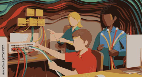 Illustration of a diverse IT team collaborating on network infrastructure, plugging in colorful ethernet cables to a switch in a server room.
