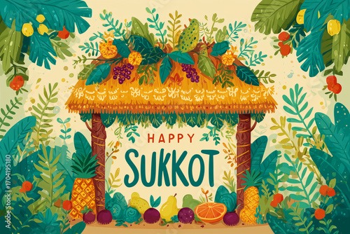 Celebrate Sukkot with a colorful flat vector illustration featuring a traditional sukkah adorned with vibrant fruits and lush foliage, highlighting the joyful spirit of the Feast of Tabernacles