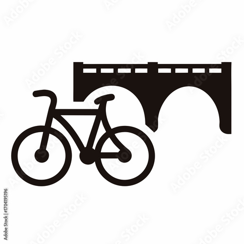 Silhouette of a bicycle next to an arch bridge, clean graphic style
