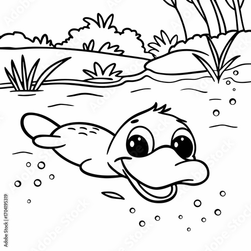 A cute cartoon duckling swims happily in a pond surrounded by aquatic plants and bubbles presented as a simple black and white line drawing for coloring and children s illustrations