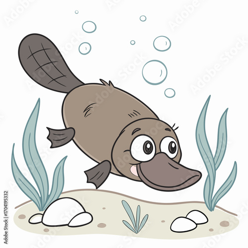 A cute cartoon platypus swims happily underwater surrounded by aquatic plants and bubbles showcasing its unique bill and beaver tail in a playful scene