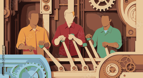 Three diverse male workers operating a complex industrial machine with levers and gears in a stylized papercraft illustration.