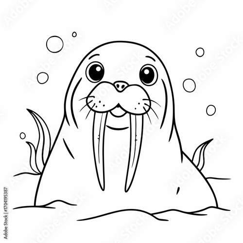 A cute cartoon walrus with large tusks and big eyes peeking out of the water with bubbles and seaweed around its head in a simple outline drawing style