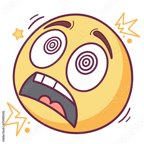 A dizzy and shocked emoji with spiraling eyes and an open mouth expressing surprise and confusion surrounded by stars and lightning bolts indicating a sudden impact or disorientation