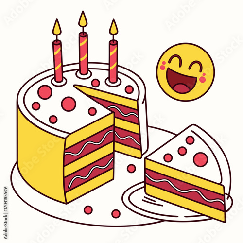 A delightful cartoon illustration of a festive birthday cake with three lit candles and a slice removed accompanied by a cheerful laughing emoji
