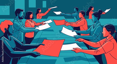 Stylized illustration of diverse business people exchanging documents across a long conference table.