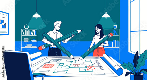 Two designers, a man and a woman, collaborate on a large blueprint, holding giant pencils in a modern office setting.