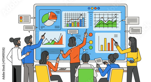 A diverse team of professionals collaborating and analyzing data on a large interactive dashboard with various charts and graphs.
