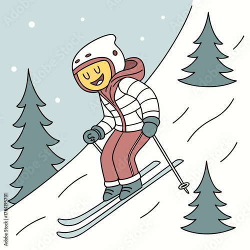 A happy cartoon skier with a yellow face wearing a white helmet and a striped jacket skis down a snowy slope surrounded by evergreen trees and falling snow