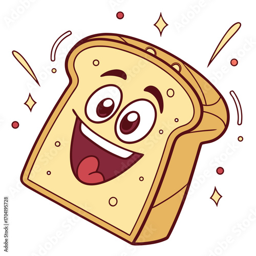 A happy cartoon slice of bread with a big smile and wide eyes sparkling with joy and excitement perfect for breakfast or food related themes