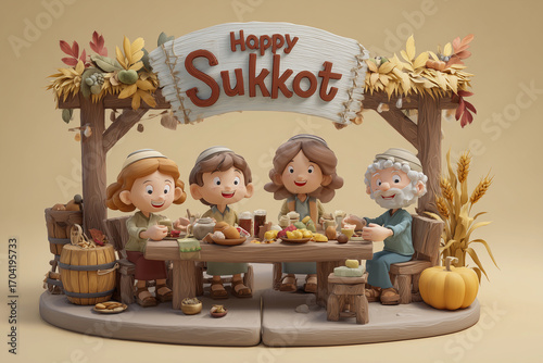Family joyfully celebrating Sukkot in a traditional sukkah, enjoying food and fellowship in a festive atmosphere