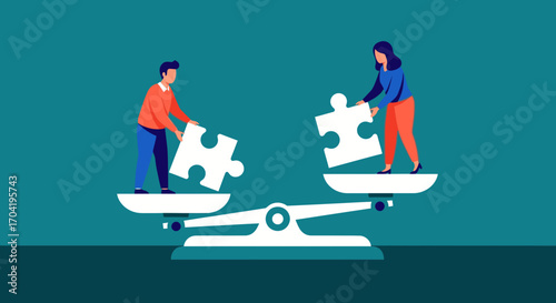 A man and a woman stand on a balanced scale holding puzzle pieces, a metaphor for gender equality, partnership, and teamwork.