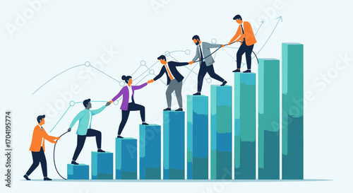 A diverse business team collaborating and helping each other climb a rising bar graph, symbolizing growth, support, and success.