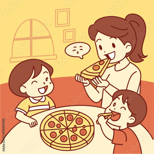 A happy mother and her two children are enjoying a delicious pizza together at the dining table sharing a joyful mealtime experience in a warm and inviting home setting