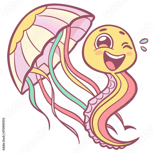 A joyful and cheerful cartoon jellyfish with a big smile and winking eye featuring colorful tentacles and a translucent bell perfect for children s designs and marine life illustrations