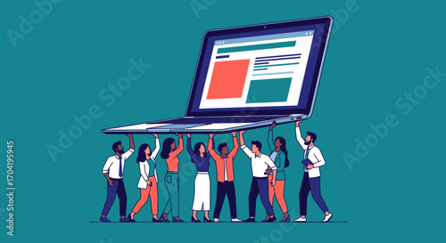 A diverse group of people collaborating as a team to lift and support a giant laptop computer together.