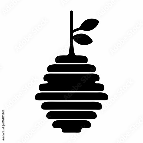 Minimalist Icon Depicting a Beehive with Sprout and Leaves in Black Silhouette