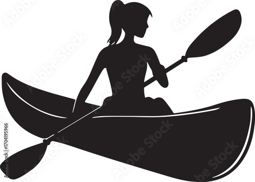 Girl Paddling Canoe Silhouette on Transparent Background