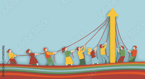 A diverse group of people collaborating, pulling ropes together to raise a large yellow arrow symbolizing teamwork, growth, and success.