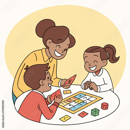 A joyful mother and her two children are happily playing a board game together at a table enjoying quality family time and engaging in fun learning activities
