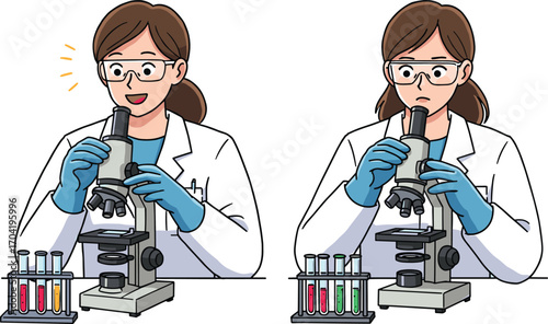 Scientist using microscope with test tubes, showing emotional contrast in lab research, scientific discovery, chemical analysis, and experiment illustration.