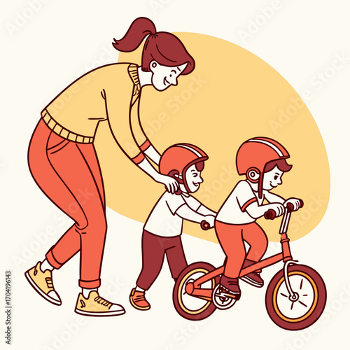 A mother lovingly helps her two young children learn to ride a bicycle together one child pedaling while the other balances behind them