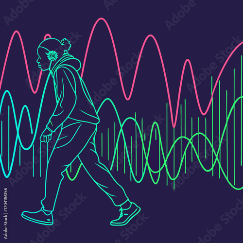 A person wearing headphones walks against a backdrop of colorful sound wave graphs and pulsating vertical lines representing audio frequencies and digital music