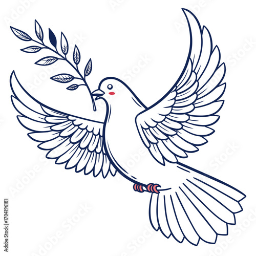 A simple and elegant line art illustration of a white dove with outstretched wings carrying a green olive branch in its beak symbolizing peace and hope perfect for various design projects
