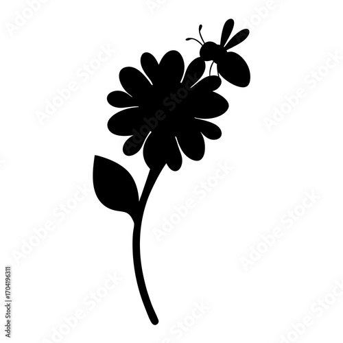 Silhouette of a honey bee on top of a flower with stem