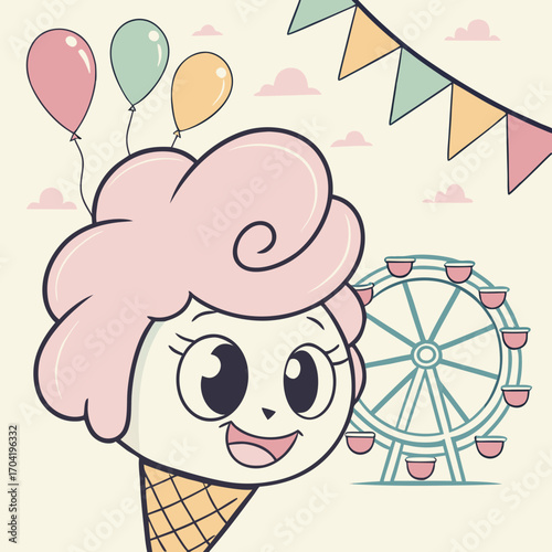 A whimsical cartoon illustration of a smiling ice cream cone character with pink cotton candy hair balloons and a ferris wheel at a fun fair