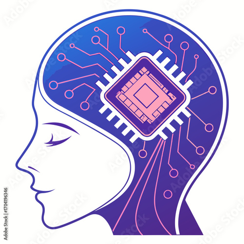 Abstract representation of artificial intelligence within a human head silhouette featuring a central microchip and interconnected circuitry symbolizing advanced technology and cognitive processing